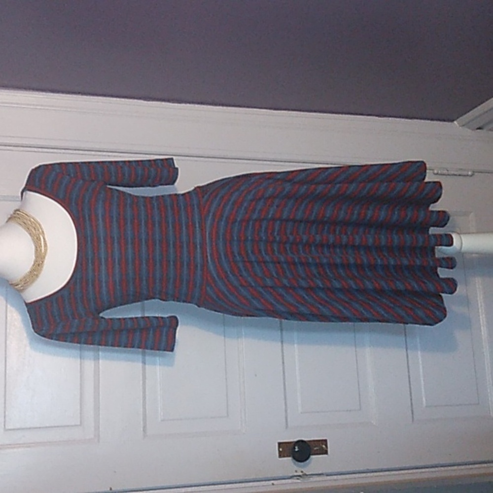 LuLaRoe flared and pleated dress, striped, mid sleeve, sz S. Grey with Blue/Red